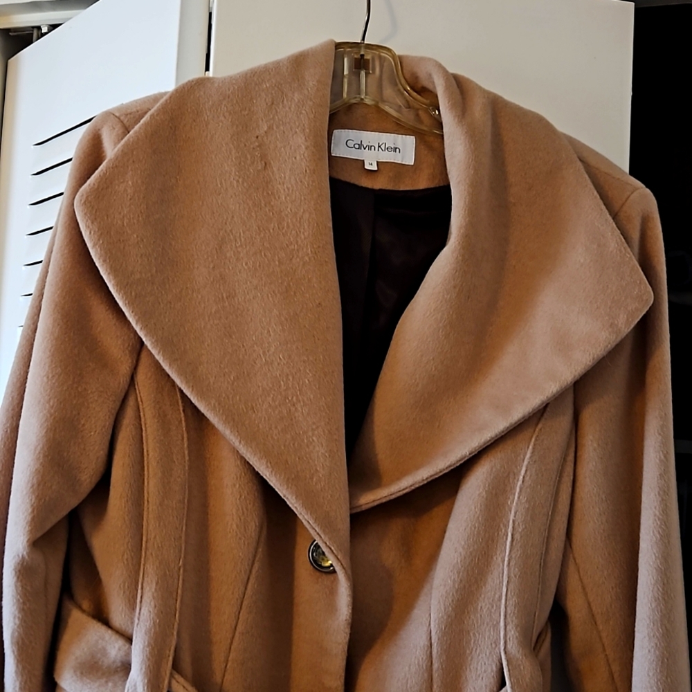 Calvin Klein Camel Wool Coat Jacket 14 Excellent